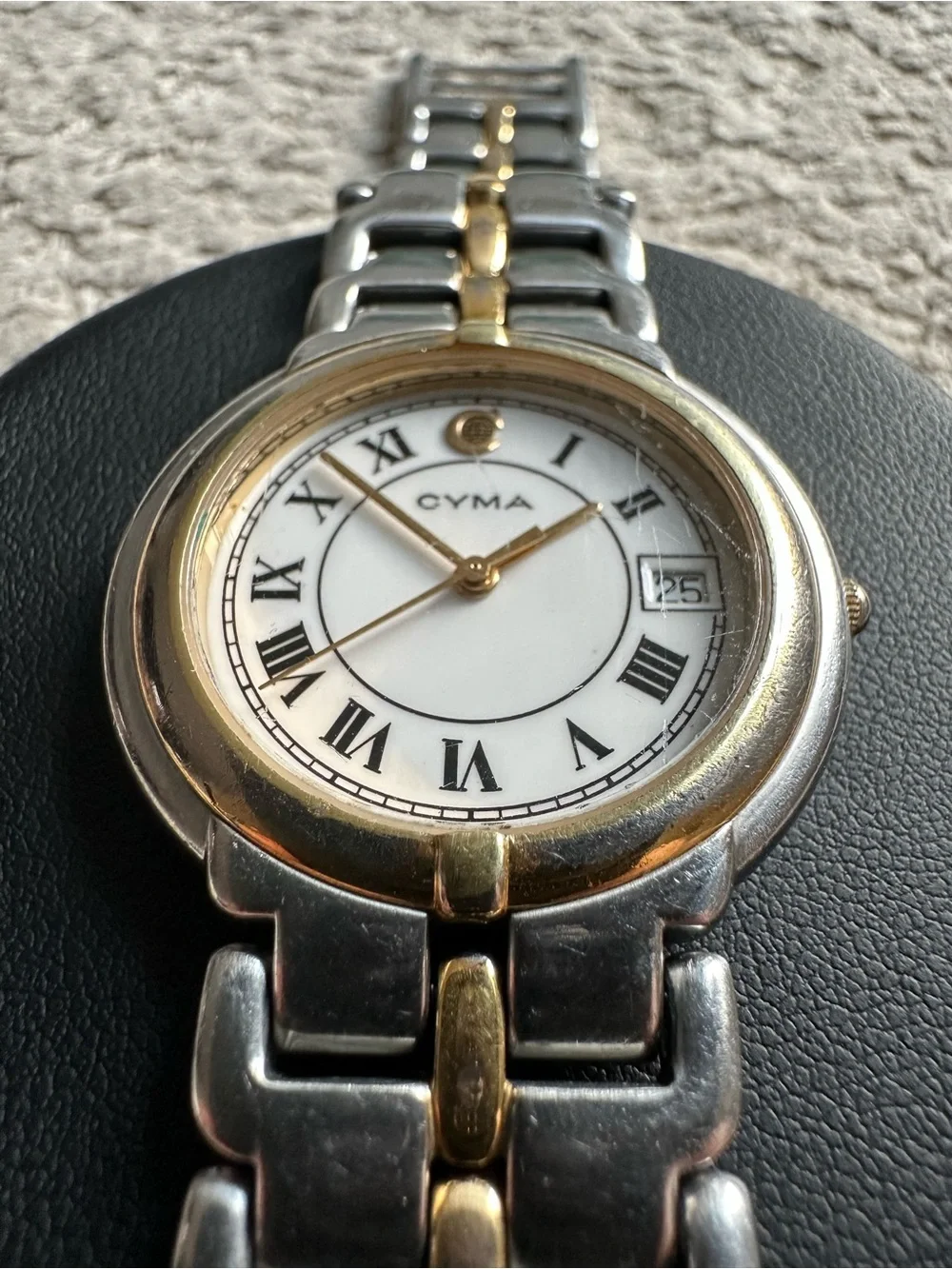 Cyma 33mm Two-Tone Quartz Watch, New Battery, White Dial, Gold Bezel 02-0001-003